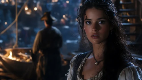 Young woman stands in dimly lit harbor interior at night