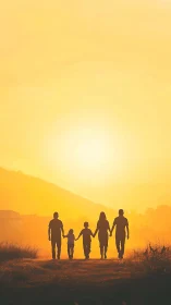 Silhouetted family walking together in warm sunset light.