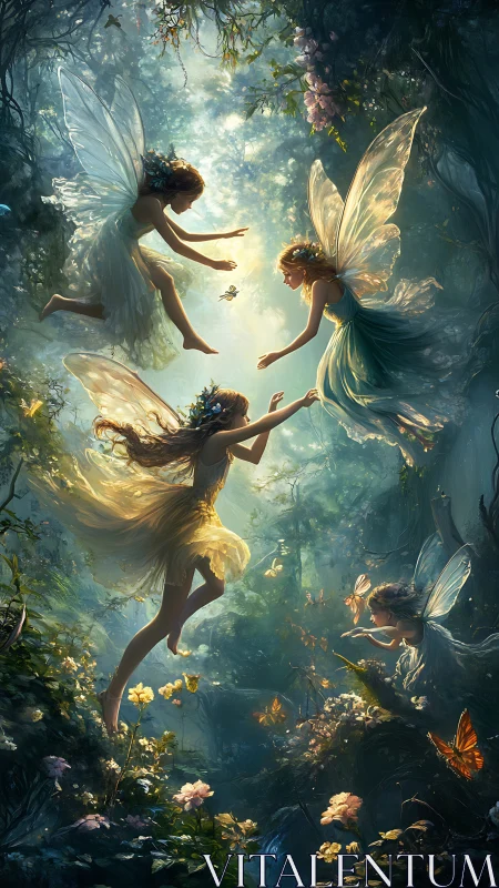 Luminescent woodland fairies dancing in sunlit glade.
