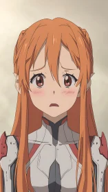Anime pilot in white exosuit showing distressed expression front