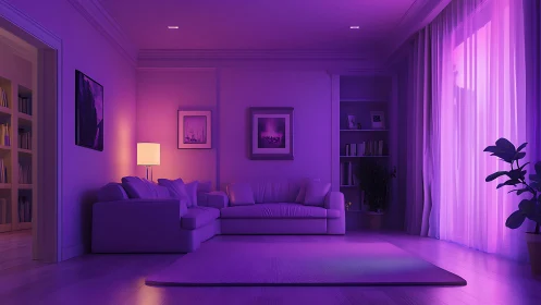 Violet-lit modern lounge with sofa and ambient glow.