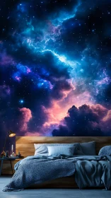 Bedroom interior with large cosmic nebula wall mural.