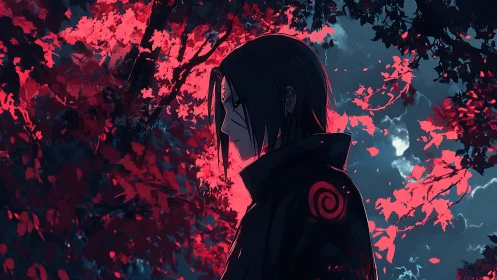 Solitary anime warrior contemplates under crimson forest glow