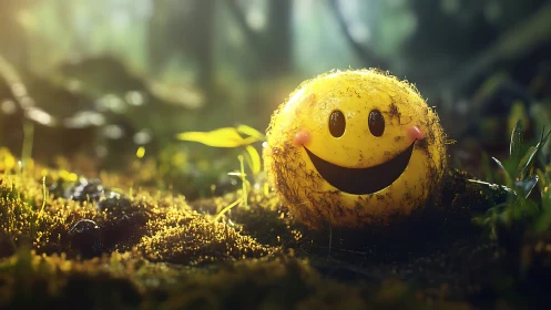 Smiley mossy ball glows under soft forest sunrise light.