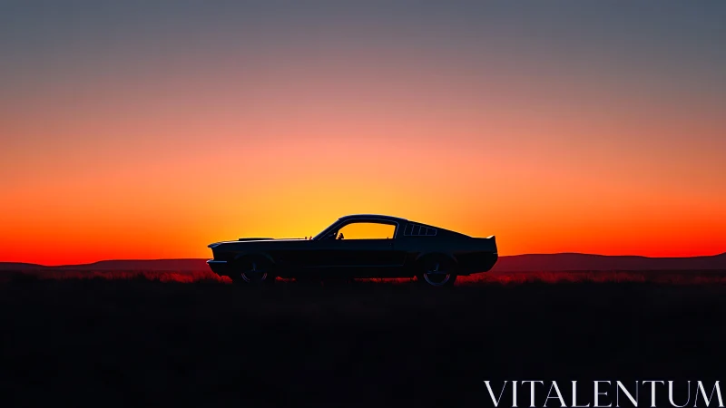 Classic muscle car rests beneath a vivid sunset horizon