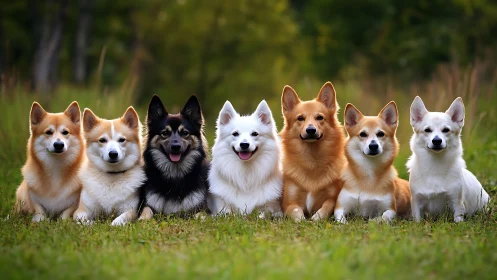 Seven fluffy dogs sit aligned on grass in soft daylight