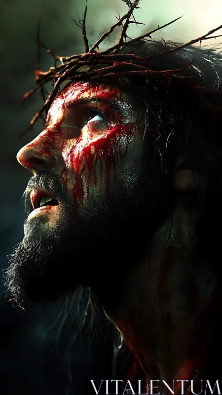 Crowned figure gazes upward in bloodstained devotion.