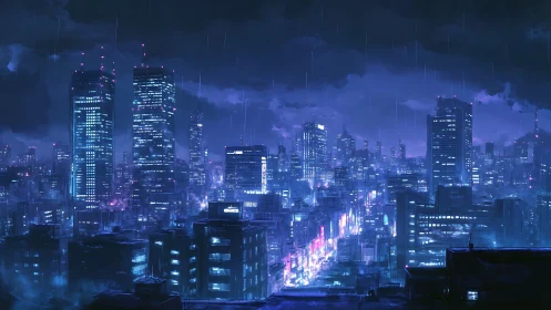 Rain-soaked cyberpunk megacity skyline under neon haze at night