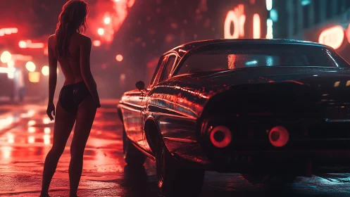 Midnight city glow with classic car and lone figure.
