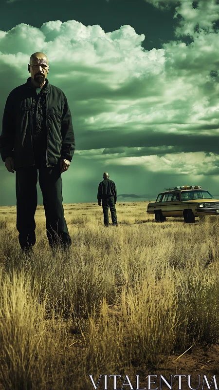 Bald man in dark coat standing in dry open grassland scene.