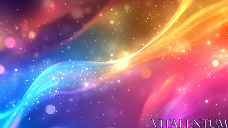 Colorful abstract light waves with glowing particles.