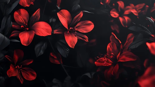 Vivid Red Flowers Bloom Against a Dramatic Dark Background