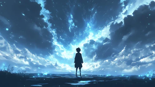 Silhouetted child facing luminous blue storm sky.