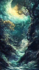 Turbulent luminous vortex intertwines oceanic waves and gnarled trees