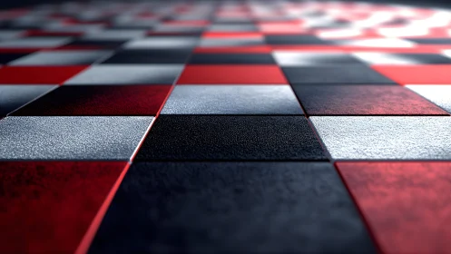 Close-up of textured red, black, and white checkerboard tiles pattern.