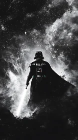 Monochrome Sith silhouette within high-contrast cosmic nebulae.