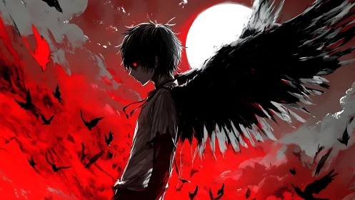 Winged figure silhouette against red sky and full moon.