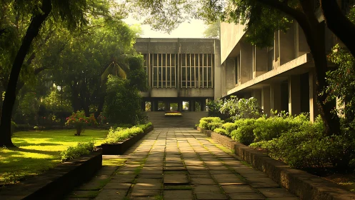 Modernist campus courtyard with stone path in golden sunlight