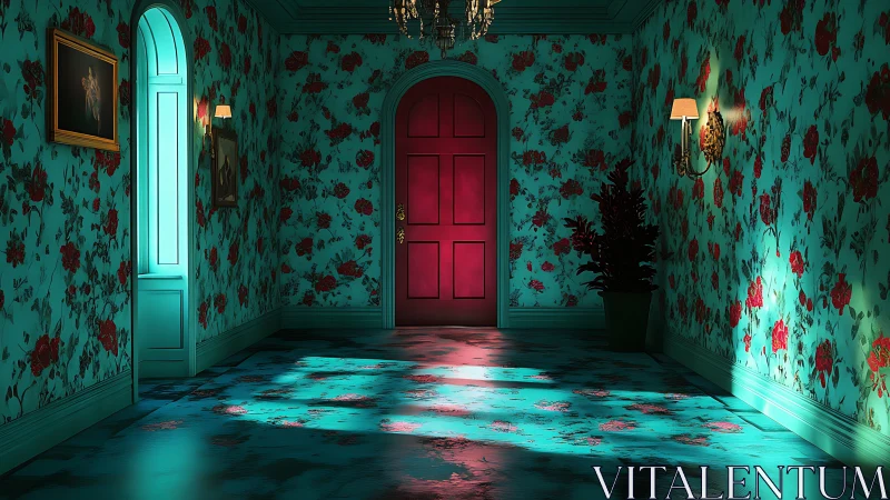 Red door centered in teal floral hallway under dramatic light