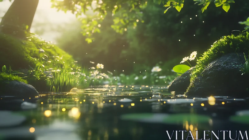 Glowing forest stream with drifting fireflies at sunset light.