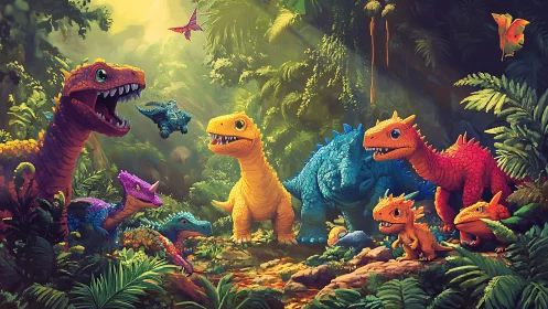 Playful rainbow dinosaurs share a sunny jungle adventure