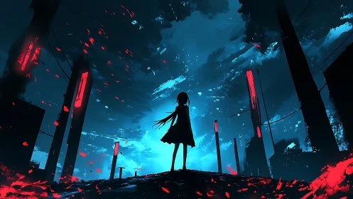 Mystery child stands beneath a glowing storm sky tonight