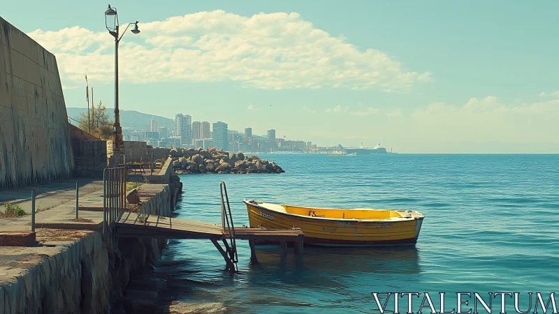 Yellow rowboat rests quietly beside a sunlit urban pier