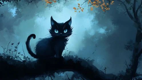 Black Cat with Glowing Eyes in Misty Forest.