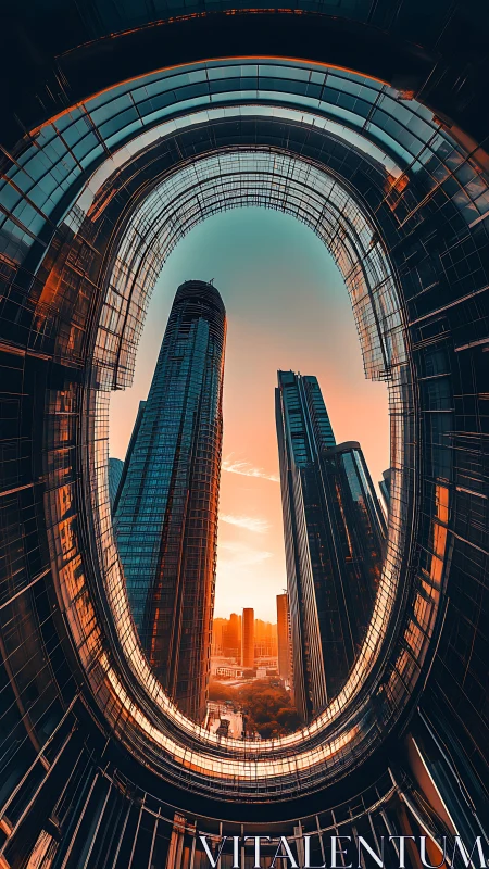 Futuristic skyscrapers framed by oval glass atrium opening