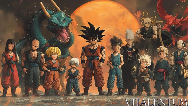 Moonlit warriors gather while dragons coil behind destiny