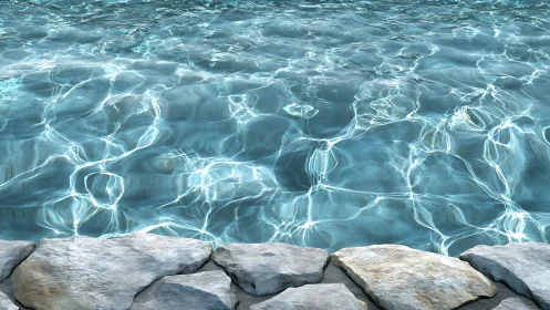 Sunlit clear water surface bordered by natural stone edge