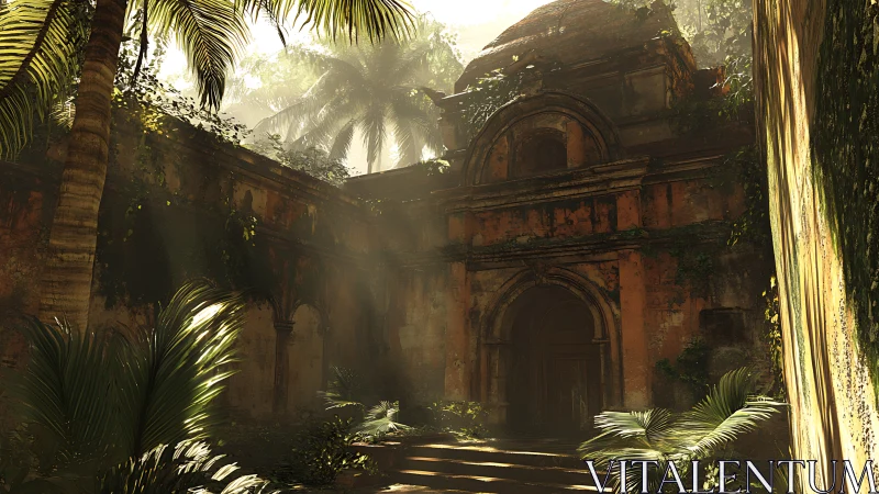 Overgrown tropical courtyard with weathered stone temple facade.