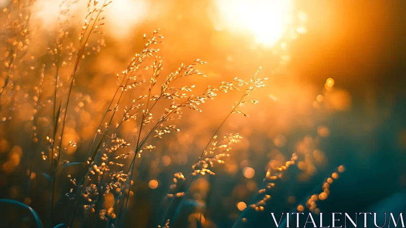Backlit meadow grasses with golden hour bokeh illumination