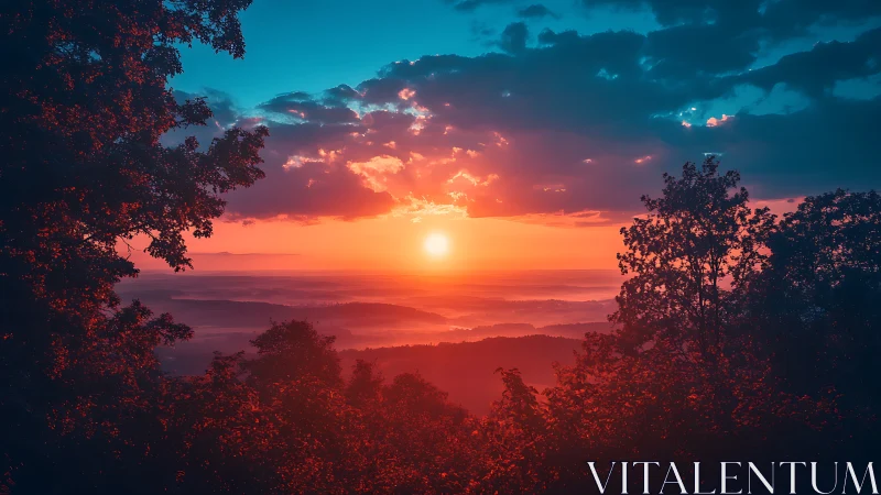 Digital painting sunset framed by silhouetted forest canopy.