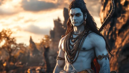 Blue-skinned warrior deity in detailed mountain landscape.