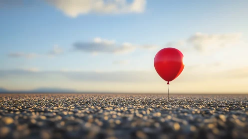Red balloon on desolate pebbled landscape at sunrise.