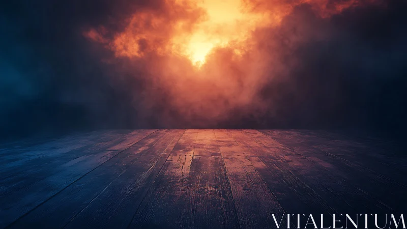 Warm Light Breaks Through Stormy Skies Above Wooden Floor