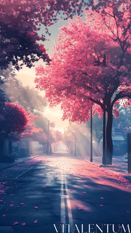 Sunlit cherry avenue dreaming in rose-tinted hush.