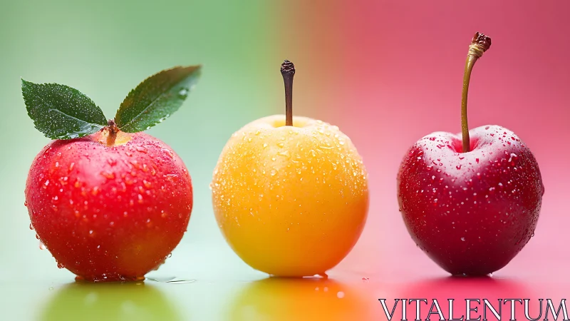 Triadic cherry macro study with dew-laden surface contrast