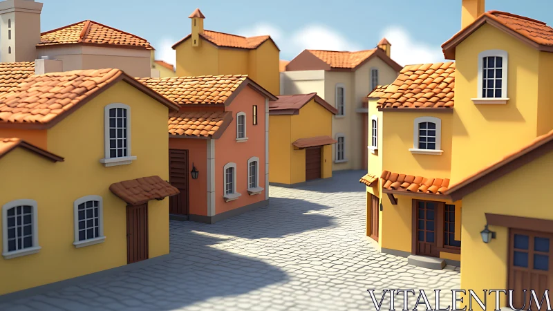 Rendered Mediterranean street with pastel houses and tiles.