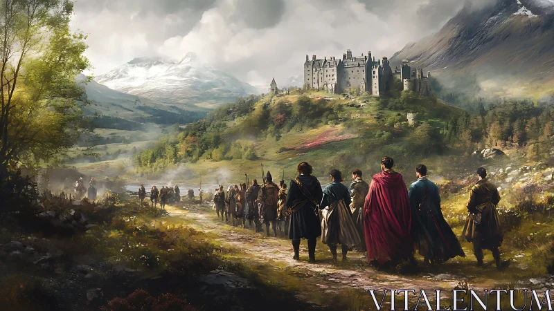 Medieval procession advances toward hilltop castle in valley