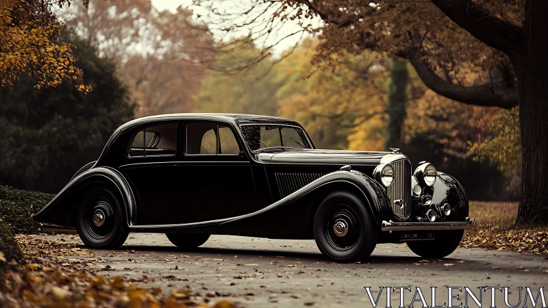 Vintage black luxury sedan glides through autumn park.
