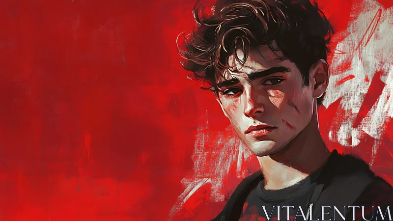 Brooding young rebel framed by bold, stormy red paint.