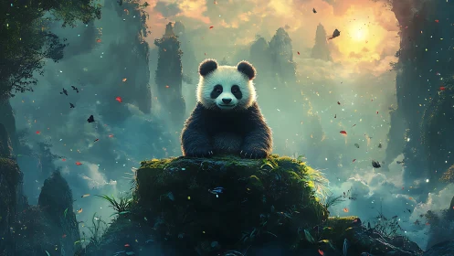 Gentle panda guardian resting in a misty fantasy valley.