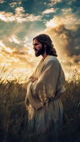 Solitary robed wanderer beneath honeyed stormlight sky.