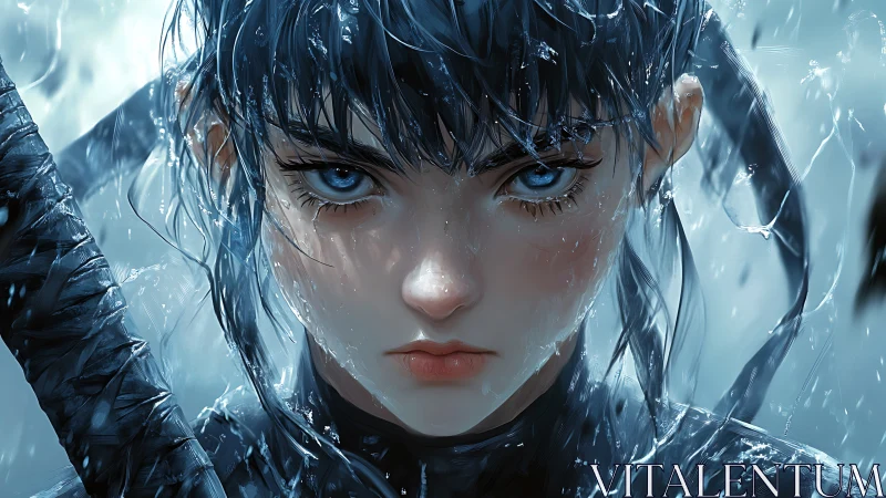 Hyperreal wet-haired warrior girl stares forward with icy focus