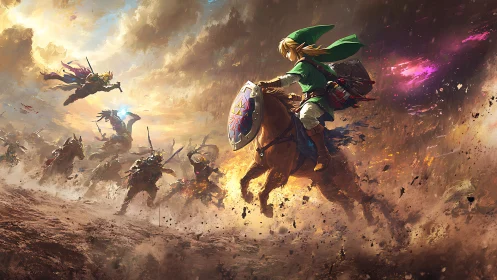 Heroic rider charging through a storm-tossed fantasy battle.