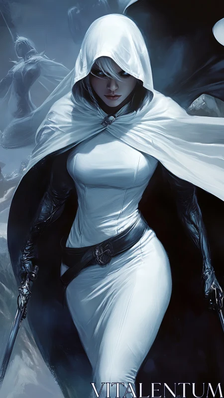 White cloaked warrior walking through cold misty scene.