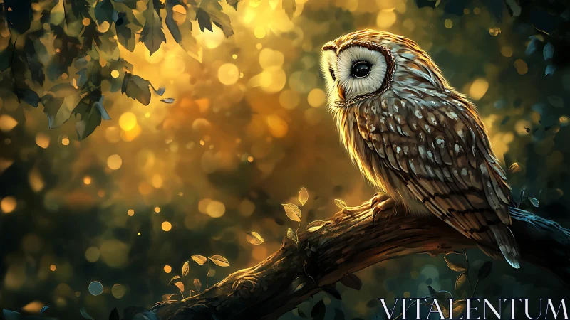 Majestic owl perched on branch in glowing forest, digital art.