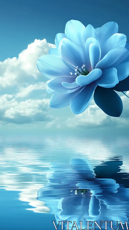Blue lotus hovers above mirrored water under soft clouds.